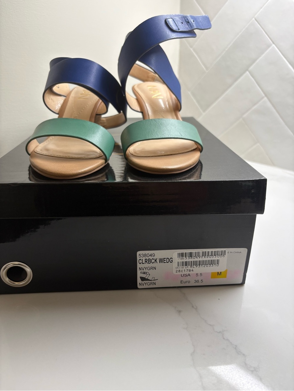 IMAN Navy and Green Colorblock Wedge Sandals